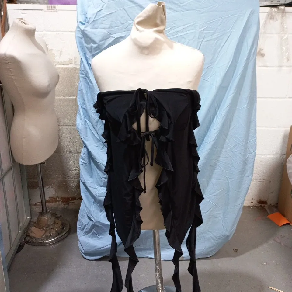 UK 14 EGO PLUNGE HALTERNECK EXTREME FRILL DETAIL TOP – BLACK