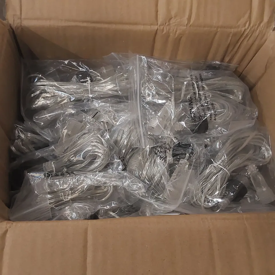 BOX CONTAINING A LARGE QUANTITY OF 5M CLEAR EXTENSION CABLES
