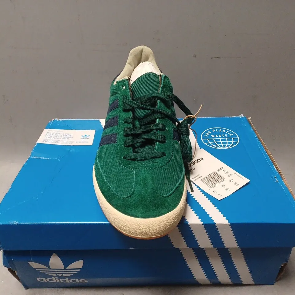 BOXED PAIR OF ADIDAS CORD TRAINERS IN COLLEGIATE GREEN - UK SIZE 7.5