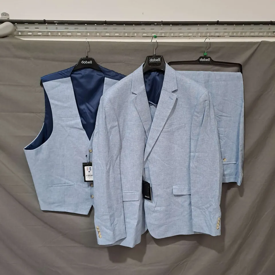 DOBELL 3 PIECE SUIT TO INCLUDE JACKET, WAISTCOAT AND TROUSERS IN LIGHT BLUE LINEN SIZES 52L, 2XK AND 48L