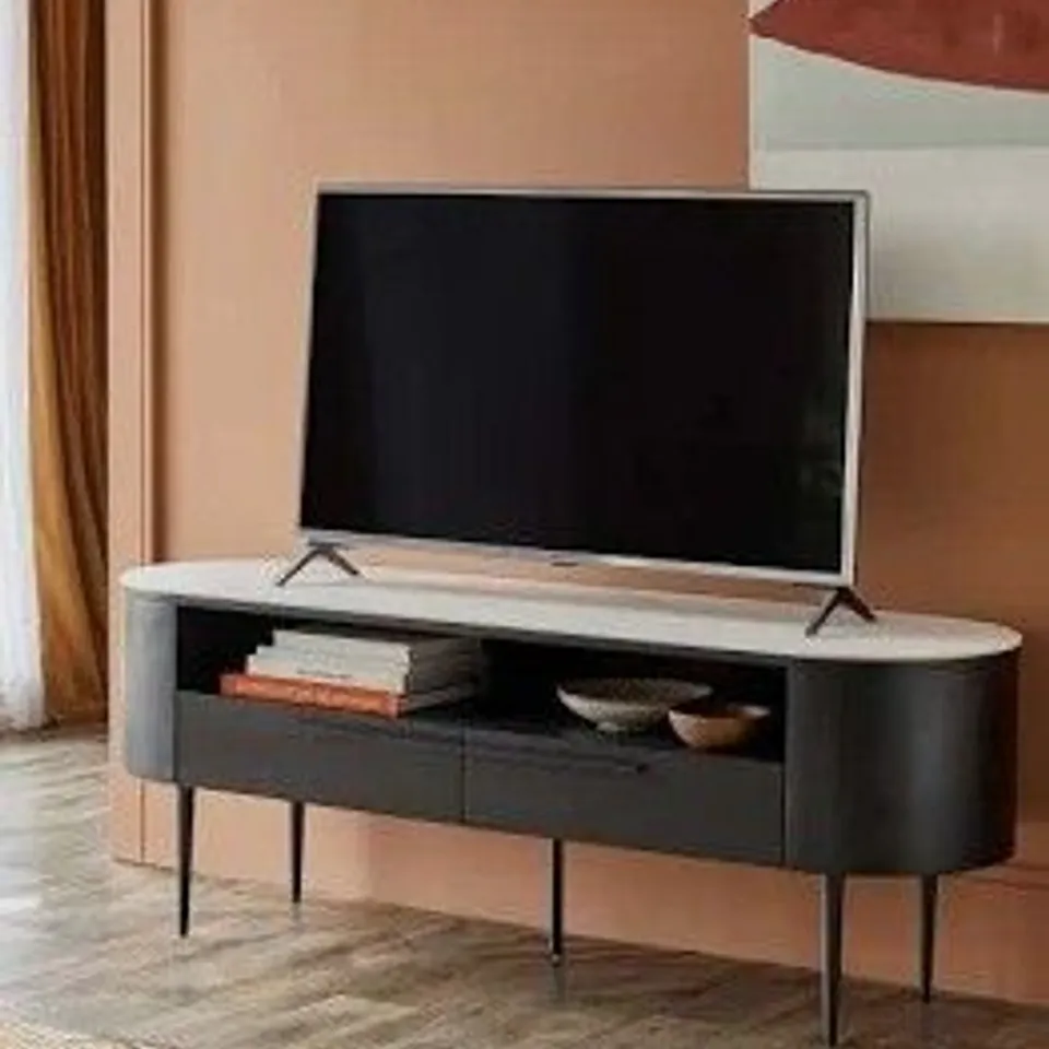 BOXED DANETTI MANHATTAN MARBLE EFFECT CERAMIC WITH BLACK ASH VENEER TV STAND