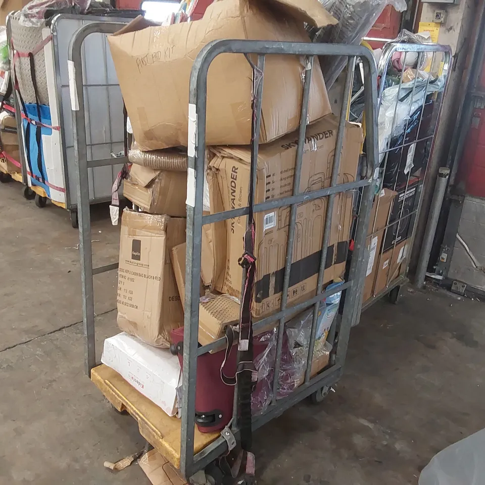 CAGE OF ASSORTED CONSUMER PRODUCTS INCLUDING: SUITCASE, SHOE RACK, YOGA MAT ECT // CAGE NOT INCLUDED 
