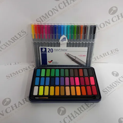 BOX OF 2 CRAFT ITEMS INCLUDING WATER COLOUR PAINTS AND FINE TIP PENS