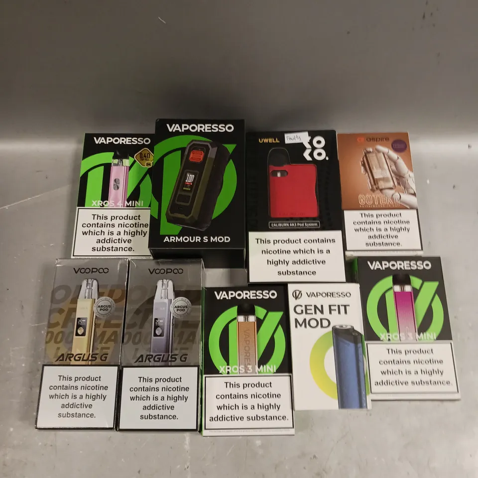 APPROXIMATELY 20 ASSORTED E-CIGARETTE PRODUCTS TO INCLUDE UWELL, VAPORESSO, VOOPOO ETC 