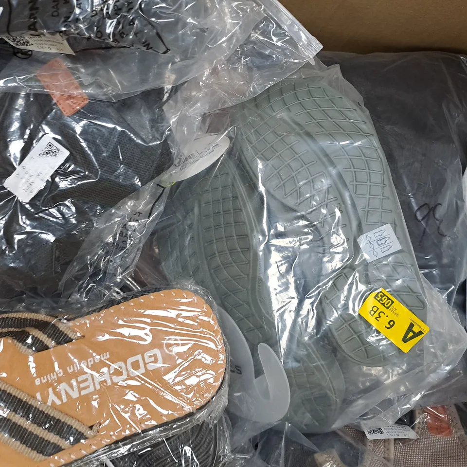 BOX OF APPROXIMATELY 15 ASSORTED PAIRS OF SHOES AND FOOTWEAR ITEMS IN VARIOUS COLOURS, STYLES, AND SIZES - COLLECTION ONLY