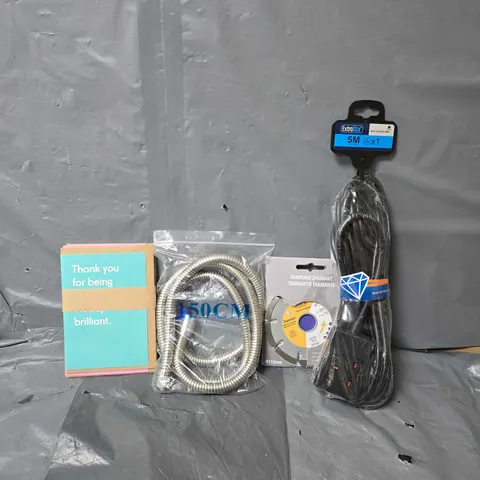 APPROXIMATELY 13 ASSORTED ITEMS TO INCLUDE - EXTRA STAR 5M PLUG EXTENSION LEAD , CUTTING BLADE , OCCASION CARDS ETC