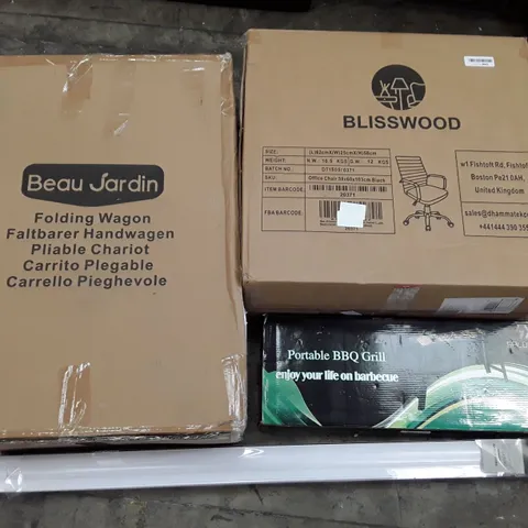 PALLET OF ASSORTED PRODUCTS INCLUDING FOLDING WAGON, OFFICE CHAIR, PORTABLE BBQ GRILL, DAY AND NIGHT ROLLER BLIND, CONSOLE TABLE