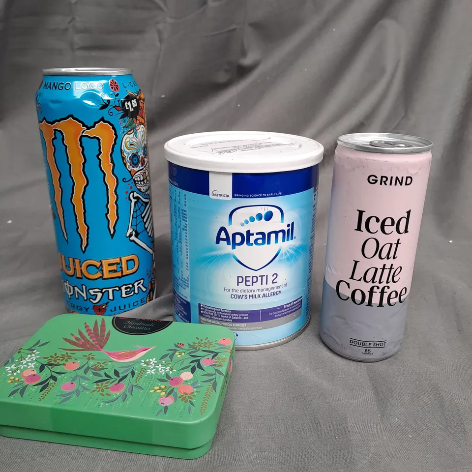 BOX OF APPROX 15 ASSORTED ITEMS TO INCLUDE - MONSTER ENERGY, ICED LATTE, HANDMADE CHOCOLATE ETC