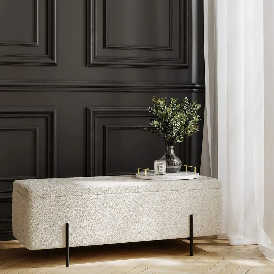 BOXED LOLA STORAGE OTTOMAN - IVORY BOUCLE/MATTE BLACK (1 BOX)