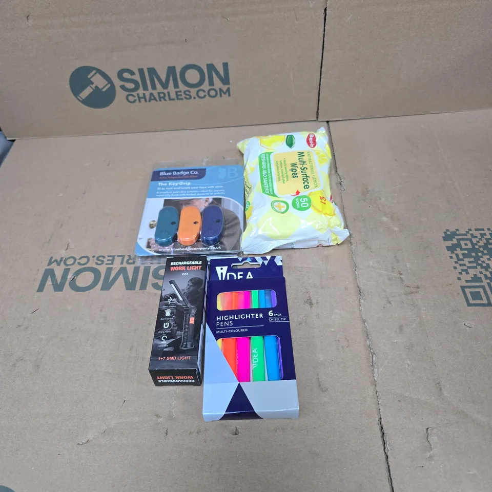 TOTE OF APPROXIMATELY 15 ASSORTED HOUSEHOLD ITEMS TO INCLUDE HIGHLIGHTER PENS, MULTI PURPOSE WIPES, BLUE BADGE KEY GRIPS, WORK LIGHT ETC