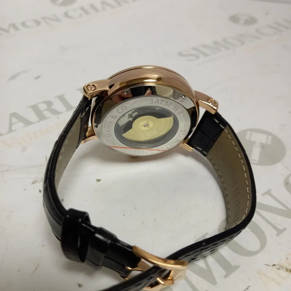 MENS ZIHLMANN & CO AUTOMATIC WATCH – Z150 – MOONPHASE DIAL – GLASS EXHIBITION BACKCASE - SILVER COLOUR CASE – BLACK LEATHER STRAP