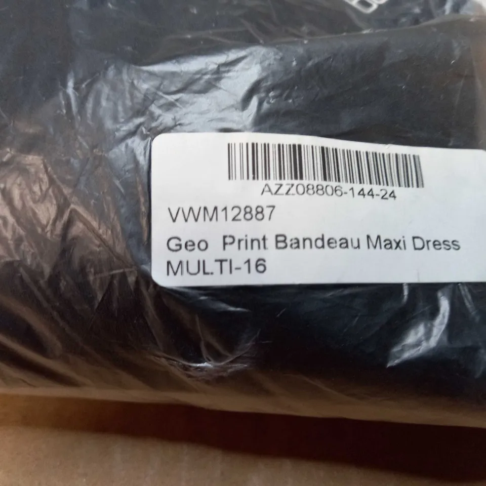 PACKAGED BOOHOO GEO/MUTI COLOURED PRINT BANDEAU MAXI DRESS - SIZE 16