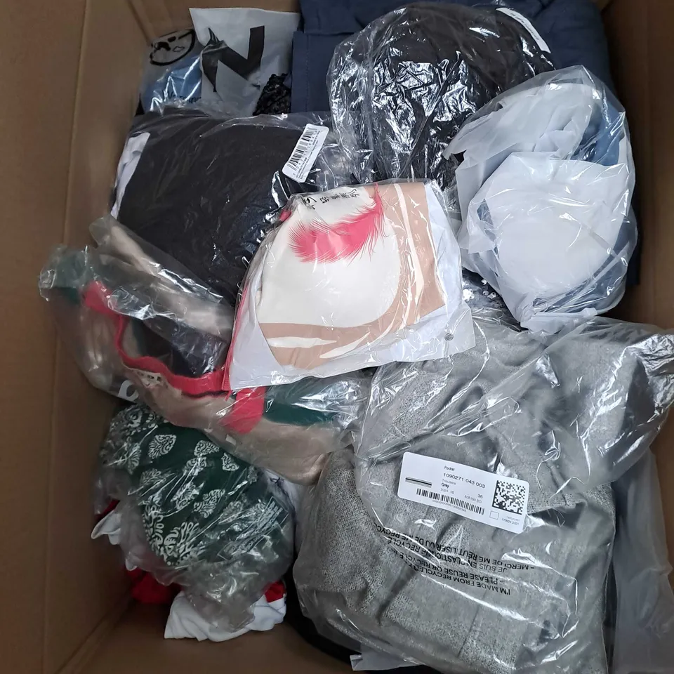 BOX OF ASSORTED CLOTHING ITEMS IN VARIOUS COLOURS, SIZES AND STYLES
