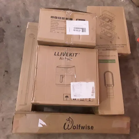 PALLET OF ASSORTED PRODUCTS INCLUDING 3 TIER UTILITY ROLLING CART, AIR MULTIPLIER TOWER FAN, WOLFWISE BEACH TENT, AIR FRYER, CEILING LAMP, MULTIUSE RETRACTABLE GATE