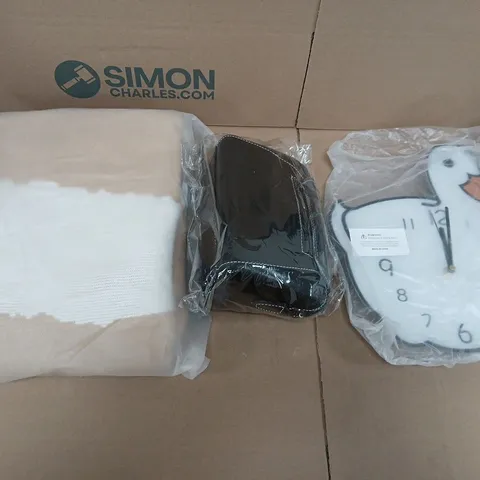 LARGE QUANTITY OF ASSORTED ITEMS TO INCLUDE HANDBAGS, DUCK CLOCK, THROW BLANKETS, ETC - COLLECTION ONLY