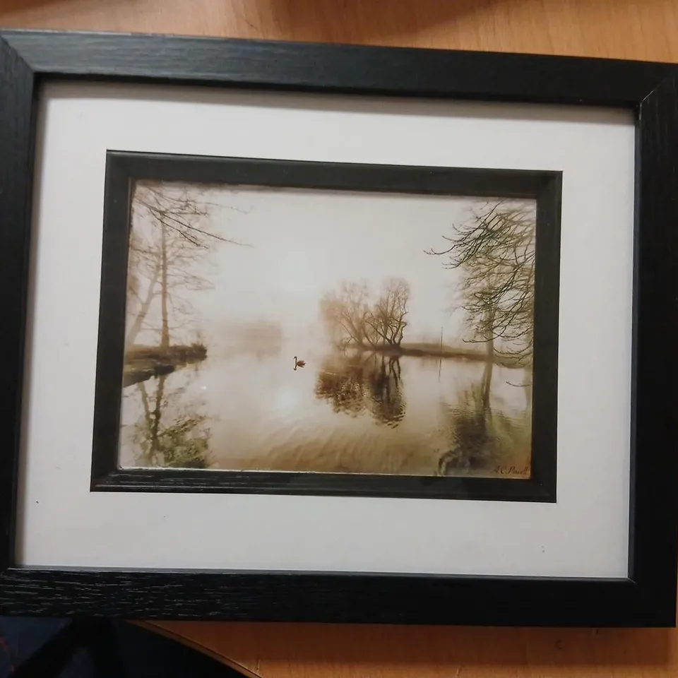 FRAMED LANDSCAPE PHOTOGRAPH – LAKESIDE SCENE, SIGNED LOWER-RIGHT