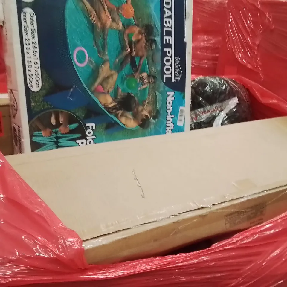 PALLET OF ASSORTED HOUSEHOLD GOODS AND PRODUCTS TO INCLUDE;FOLDABLE POOL,COLD PRESS JUICER,INFLATABLE SLIDE