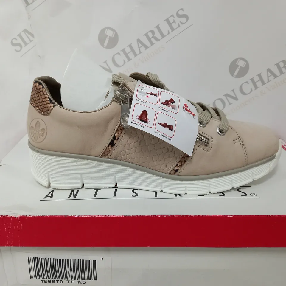 BOXED PAIR OF RIEKER TRAINERS IN TAUPE SIZE 5