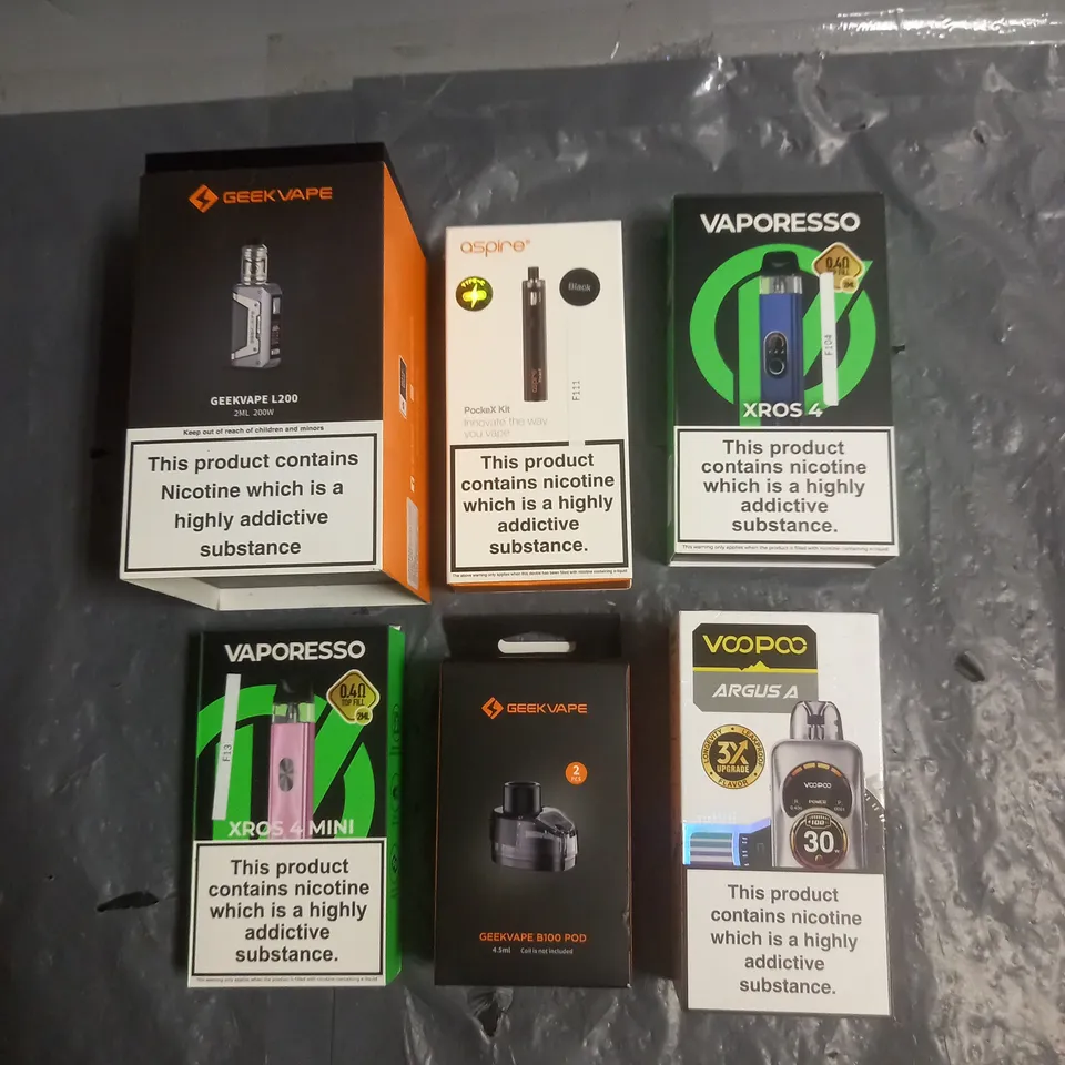 APPROXIMATELY 20 VAPES & E-CIGARETTES TO INCLUDE - VOOPOO ARGUS 4 - VAPORESSO XROS 4 - GEEKVAPE L200 - ETC