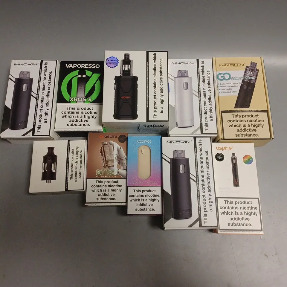 APPROXIMATELY 10 ASSORTED E-CIGARETTE PRODUCTS TO INCLUDE INNOKIN, ASPIRE, VAPORESSO ETC 
