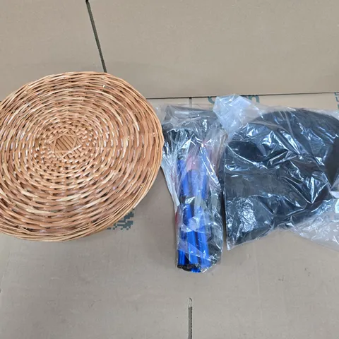 LARGE QUANTITY OF ASSORTED ITEMS TO INCLUDE HANDCRAFTED WICKER TABLE, COLLAPSABLE WALKING STICK, FAUX FUR HAT, ETC - COLLECTION ONLY