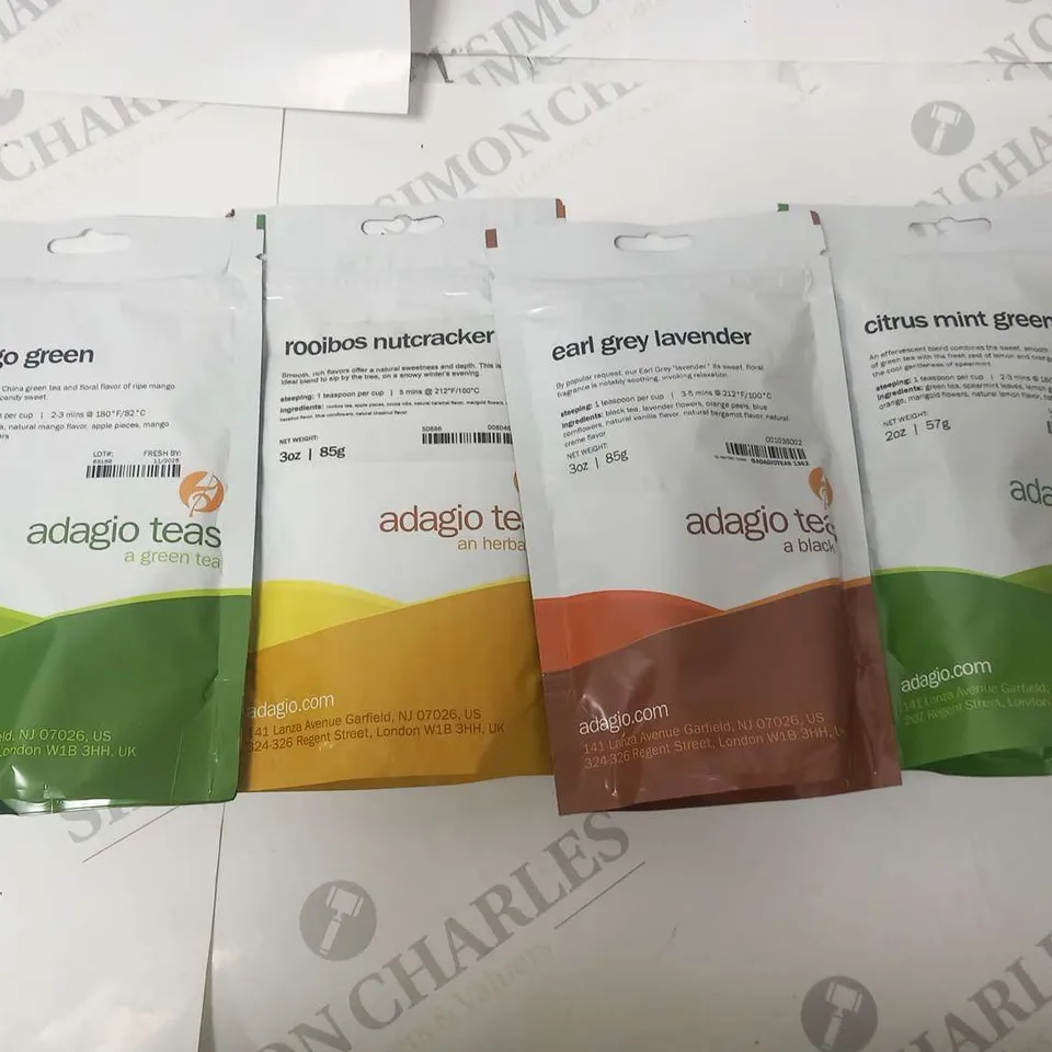 SIX PACKS OF ADAGIO TEA TO INCLUDE; MANGO GREEN, ROOBIOS NUTCRACKER, EARL GREY LAVENDER AND CITRUS MINT