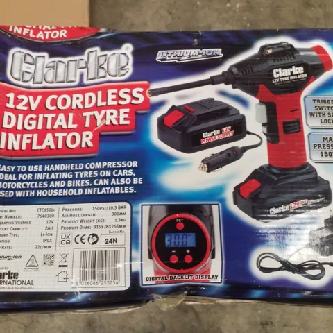BOXED CLARKE CTC150LI 12V CORDLESS DIGITAL TYRE INFLATOR (LITHIUM-ION)
