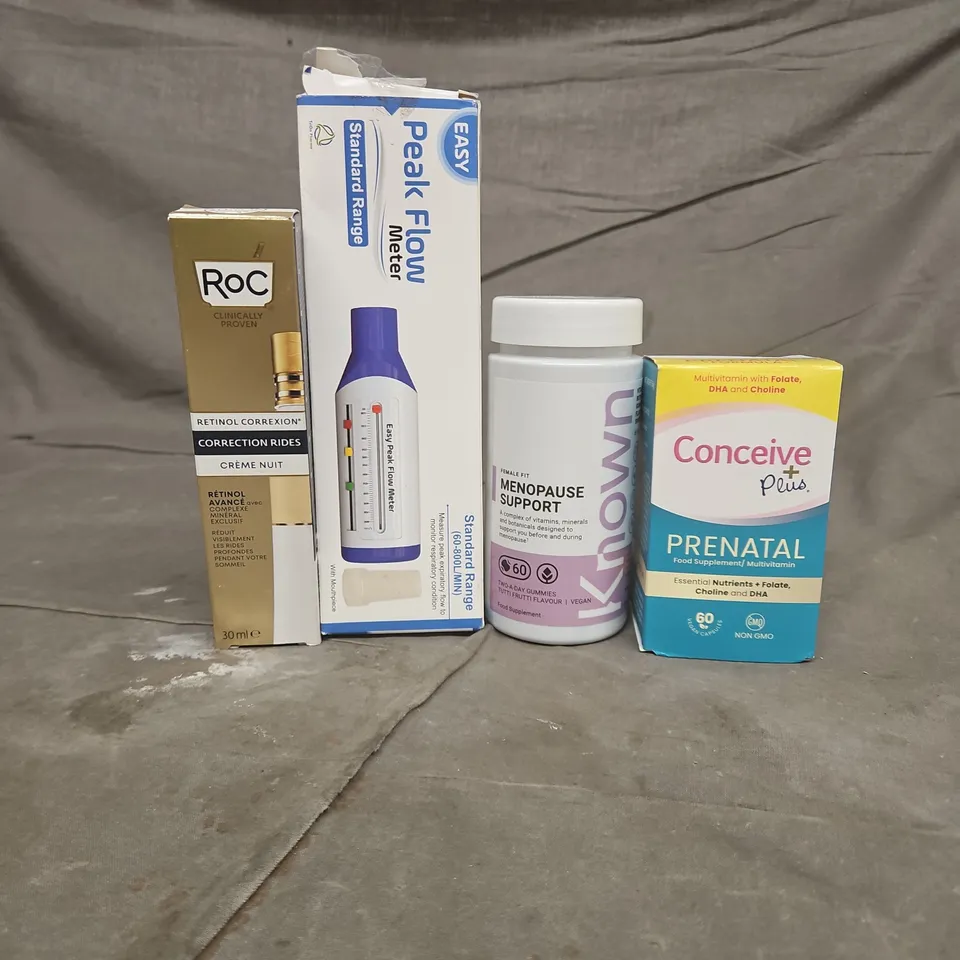 TOTE OF APPROXIMATELY 20 ASSORTED HEALTHCARE PRODUCTS TO INCLUDE A PEAK FLOW METER - ROC WRINKLE CORRECT NIGHT CREAM AND MENOPAUSE SUPPORT SUPPLEMENTS