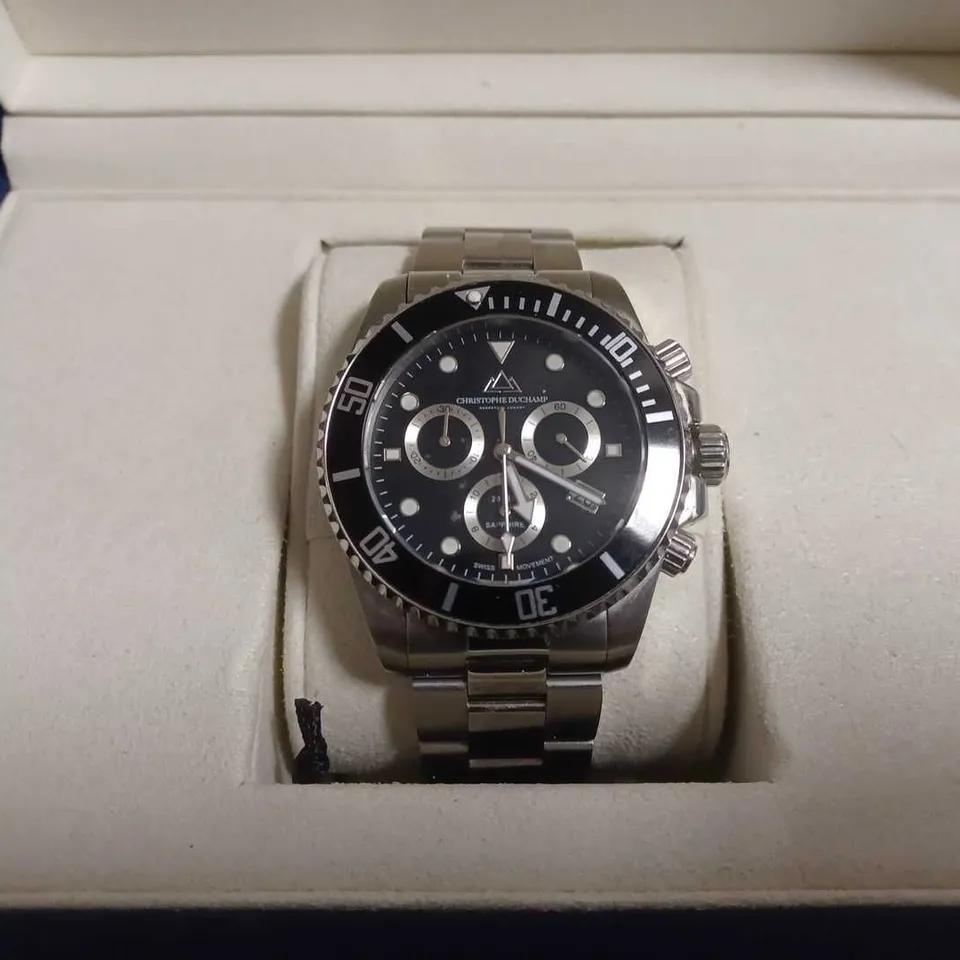 BOXED CHRISTOPHE DUCHAMP MARINE CHRONOGRAPH WATCH WITH BLACK DIAL & BEZEL 