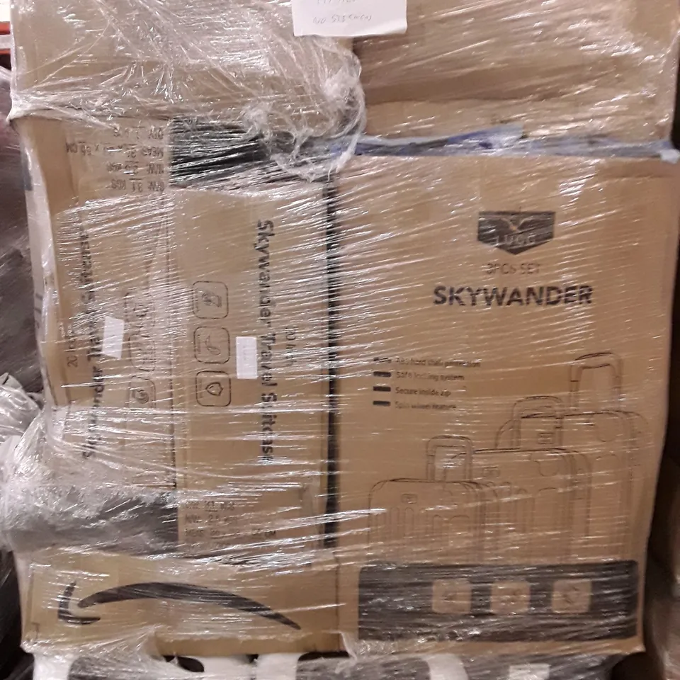 PALLET OF ASSORTED HOUSEHOLD GOODS AND PRODUCTS TO INCLUDES:APPROXIMATELY 20 SUITCASES,VACUUM STORAGE BAG