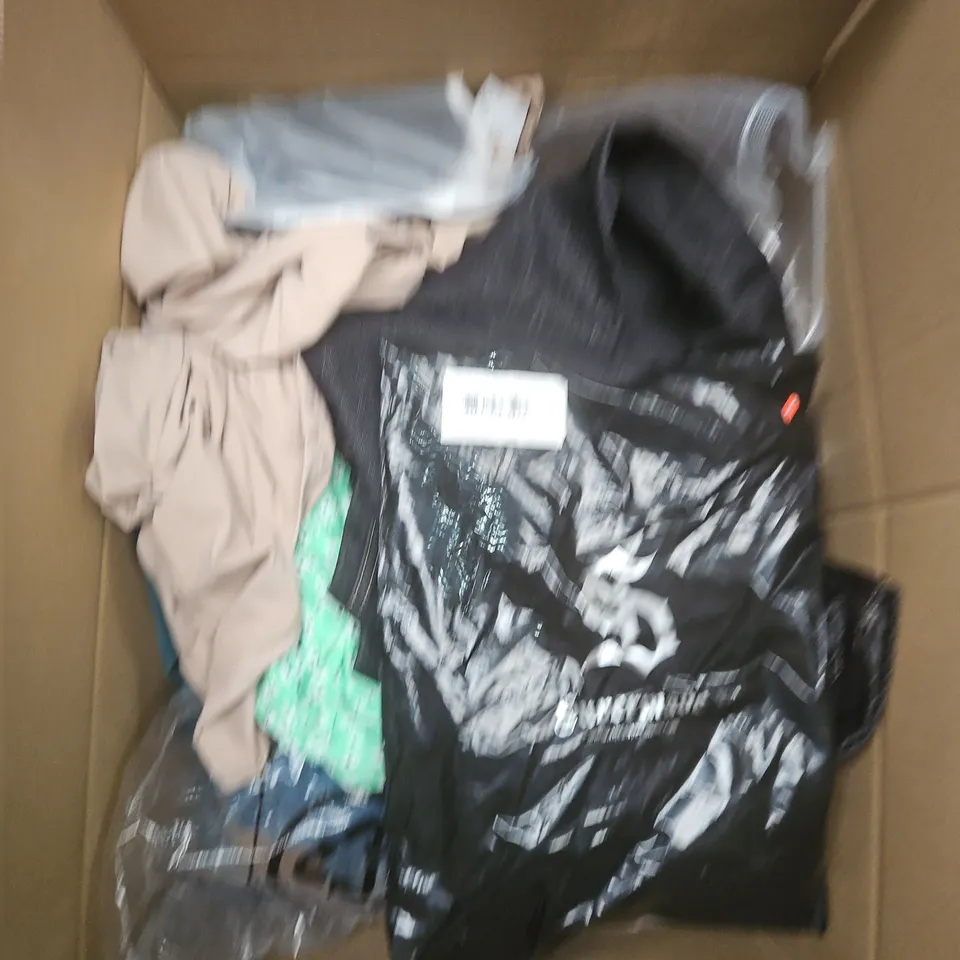 LARGE BOX OF APPROXIMATELY 25 ASSORTED CLOTHING ITEMS IN VARIOUS COLOURS, STYLES AND SIZES - COLLECTION ONLY