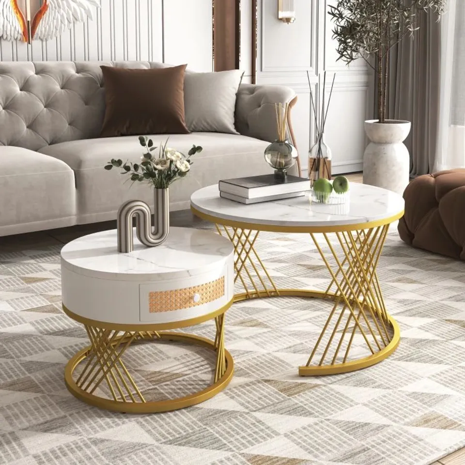 BOXED 2-IN-1 MARBLE COFFEE TABLE SET - WHITE/GOLD (1 BOX)