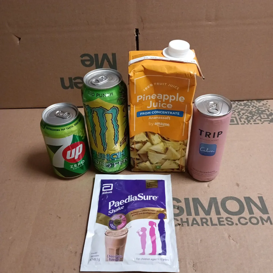 APPROXIMATELY 15 ASSORTED DRINKS ITEMS TO INCLUDE - MONSTER ENERGY PUNCH, TRIP CALM WILD STRAWBERRY AND 7UP ZERO