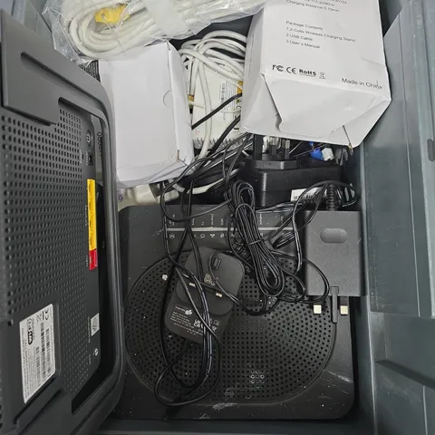 BOX OF ASSORTED CABLES AND MODEMS 