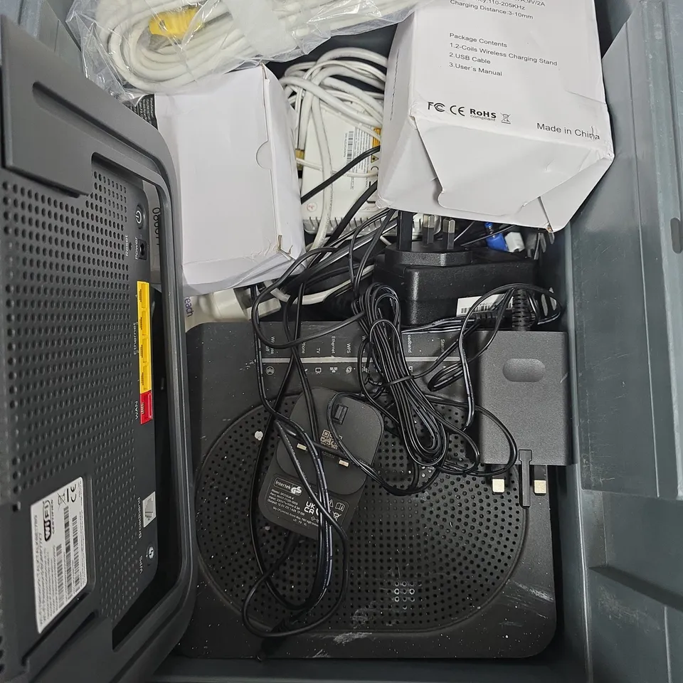 BOX OF ASSORTED CABLES AND MODEMS 