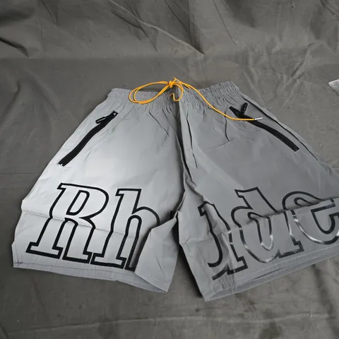 RHUDE GREY DRAWSTRING SHORTS WITH LARGE BLACK TEXT PRINT SIZE S 
