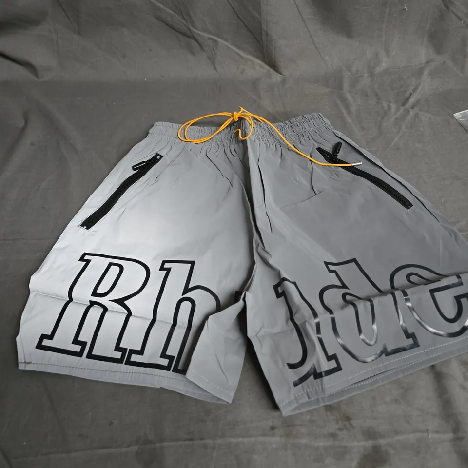 RHUDE GREY DRAWSTRING SHORTS WITH LARGE BLACK TEXT PRINT SIZE S 