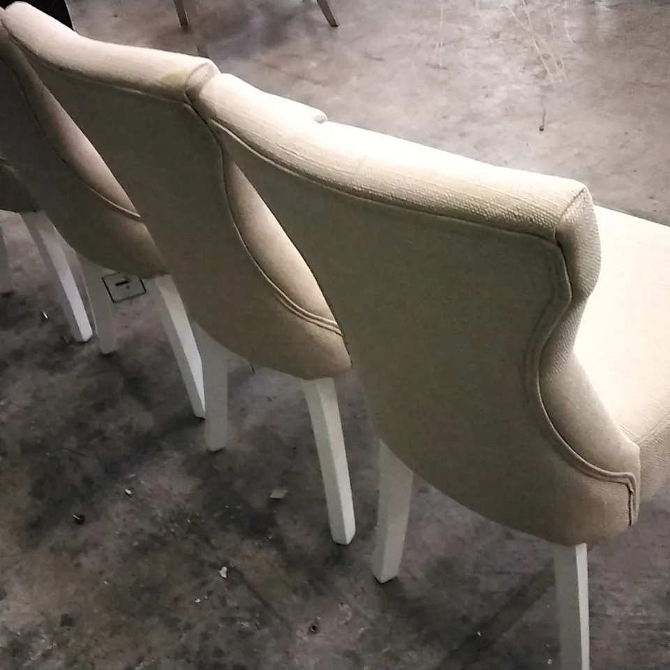 SET OF 4 BEIGE FABRIC BUTTONBACK DINING CHAIRS WITH WHITE WOODEN LEGS