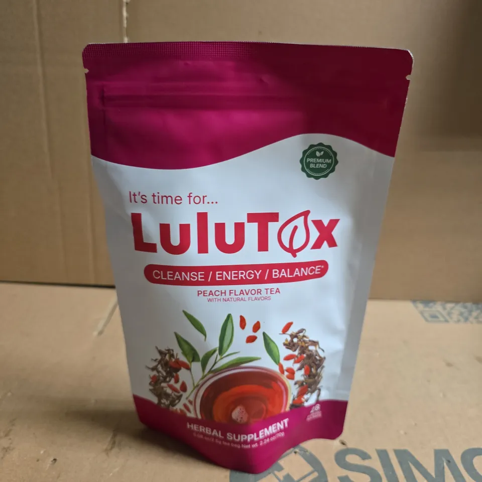 LULUTOX PEACH FLAVOUR TEA HERBAL SUPPLEMENT – SEALED STAND‑UP POUCH 28 PYRAMID TEA BAGS