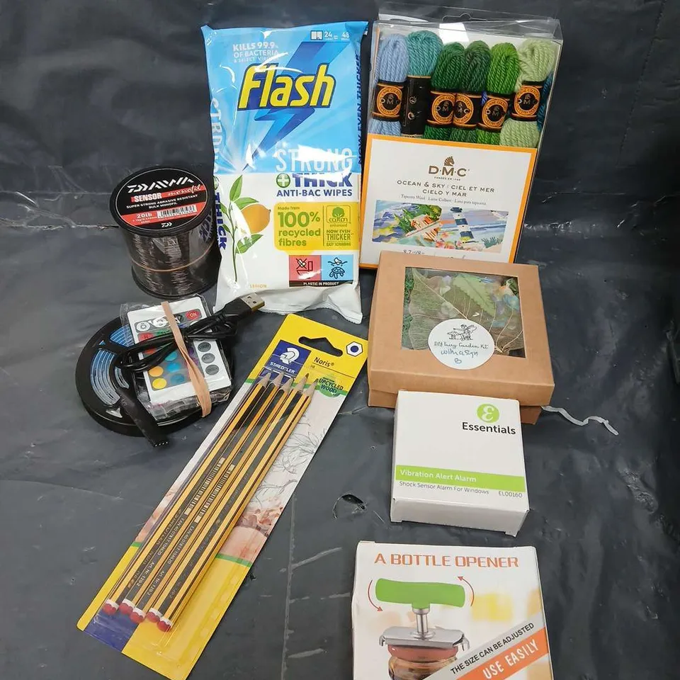 APPROXIMATELY 15 ASSORTED HOUSEHOLD PRODUCTS TO INCLUDE FLASH WIPES, VIBRATION ALARM, LED LIGHT STRIP ETC 