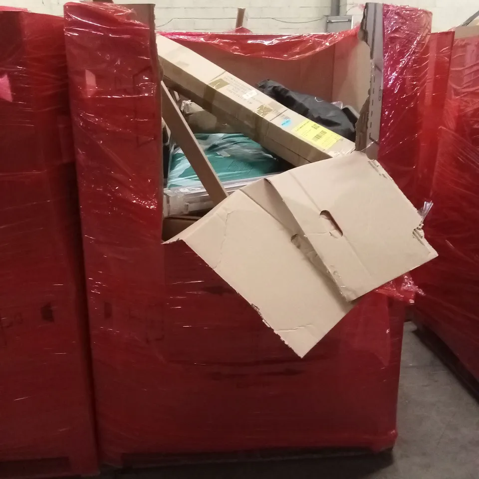 PALLET OF ASSORTED HOUSEHOLD GOODS AND PRODUCTS TO INCLUDE; BLINDS, BOXED FURNITURE ETC