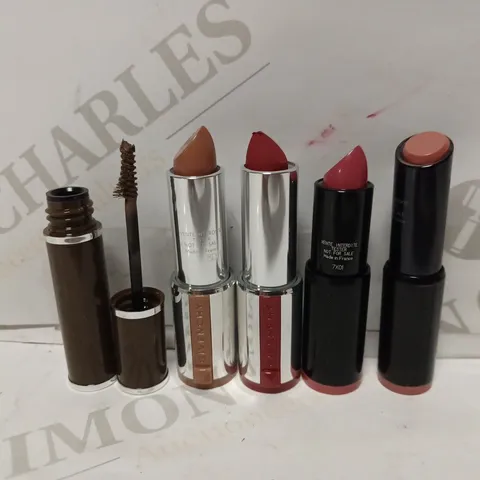 LOT OF APPROXIMATELY 18 GIVENCHY PRODUCTS TO INCLUDE 5 BEIGE MOUSSELINE 101 LIPSTICKS, 5 ROUGE STILETTO MAT 329 LIPSTICKS, 4 ROSE ALIBI 9 LIPSTICKS, 3 BURUNETTE 01 TINTED BROW FILLERS, 2 ROUGE INTERDI