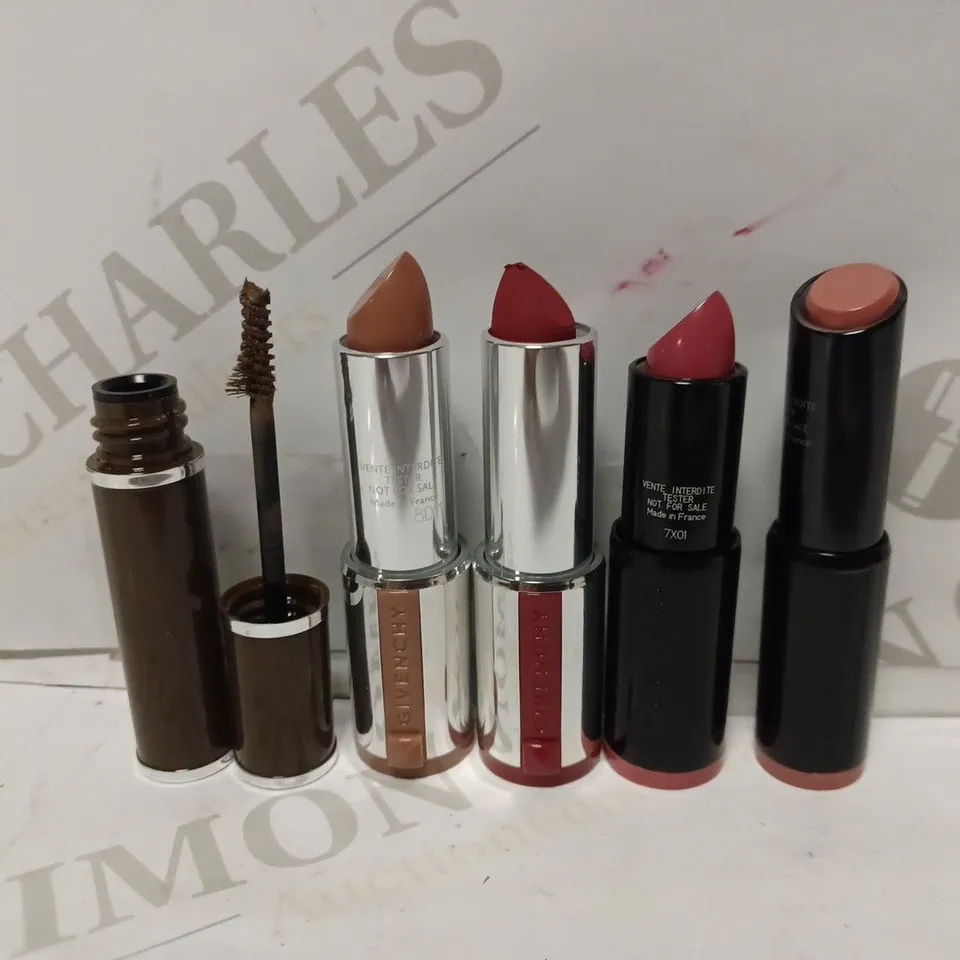LOT OF APPROXIMATELY 18 GIVENCHY PRODUCTS TO INCLUDE 5 BEIGE MOUSSELINE 101 LIPSTICKS, 5 ROUGE STILETTO MAT 329 LIPSTICKS, 4 ROSE ALIBI 9 LIPSTICKS, 3 BURUNETTE 01 TINTED BROW FILLERS, 2 ROUGE INTERDI