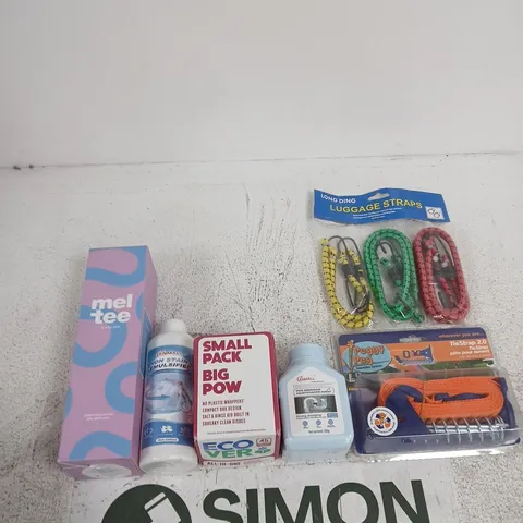 TOTE OF APPROXIMATELY 10 ASSORTED ITEMS INCLUDING PEGGY PEG TIE STRAP 2.0, LONG DING LUGGAGE STRAPS AND ENMALL PIPE DREDGING MAINTENANCE AGENT