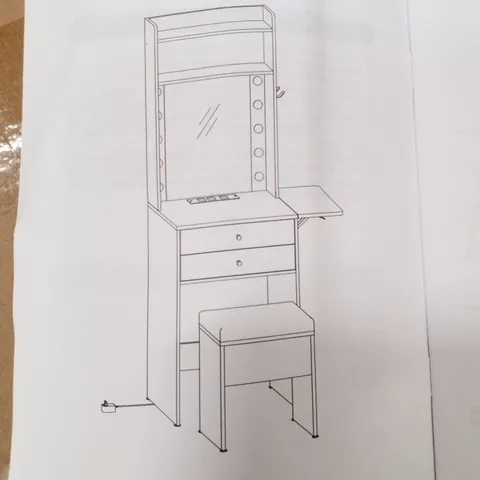 BOXED COSTWAY VANITY DESK WITH MIRROR AND LIGHTS - WHITE/ GREY STOOL CUSHION