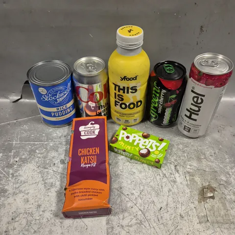 APPROXIMATELY 15 ASSORTED FOOD/DRINK PRODUCTS TO RICE PUDDING, POPPETS, SIMPLY COOK KIT ETC 