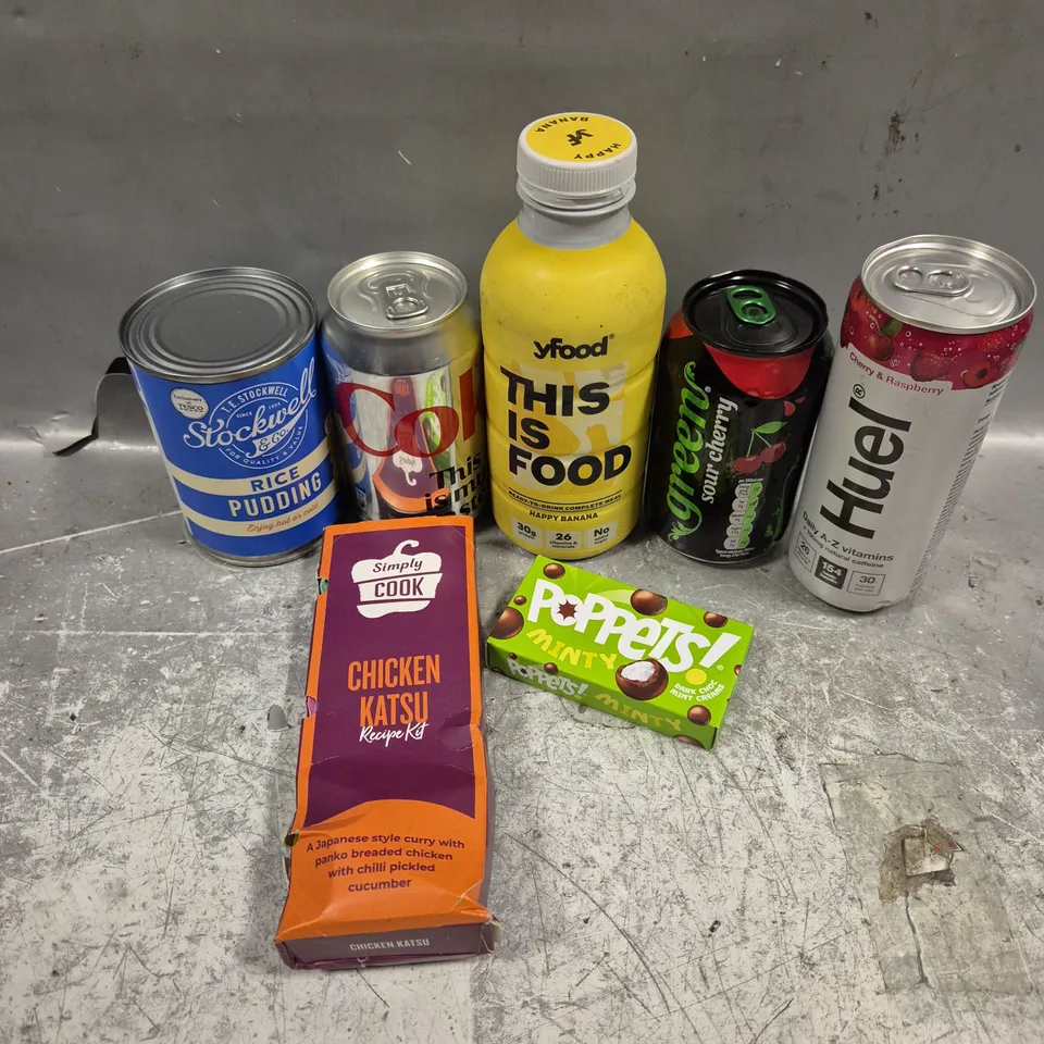 APPROXIMATELY 15 ASSORTED FOOD/DRINK PRODUCTS TO RICE PUDDING, POPPETS, SIMPLY COOK KIT ETC 