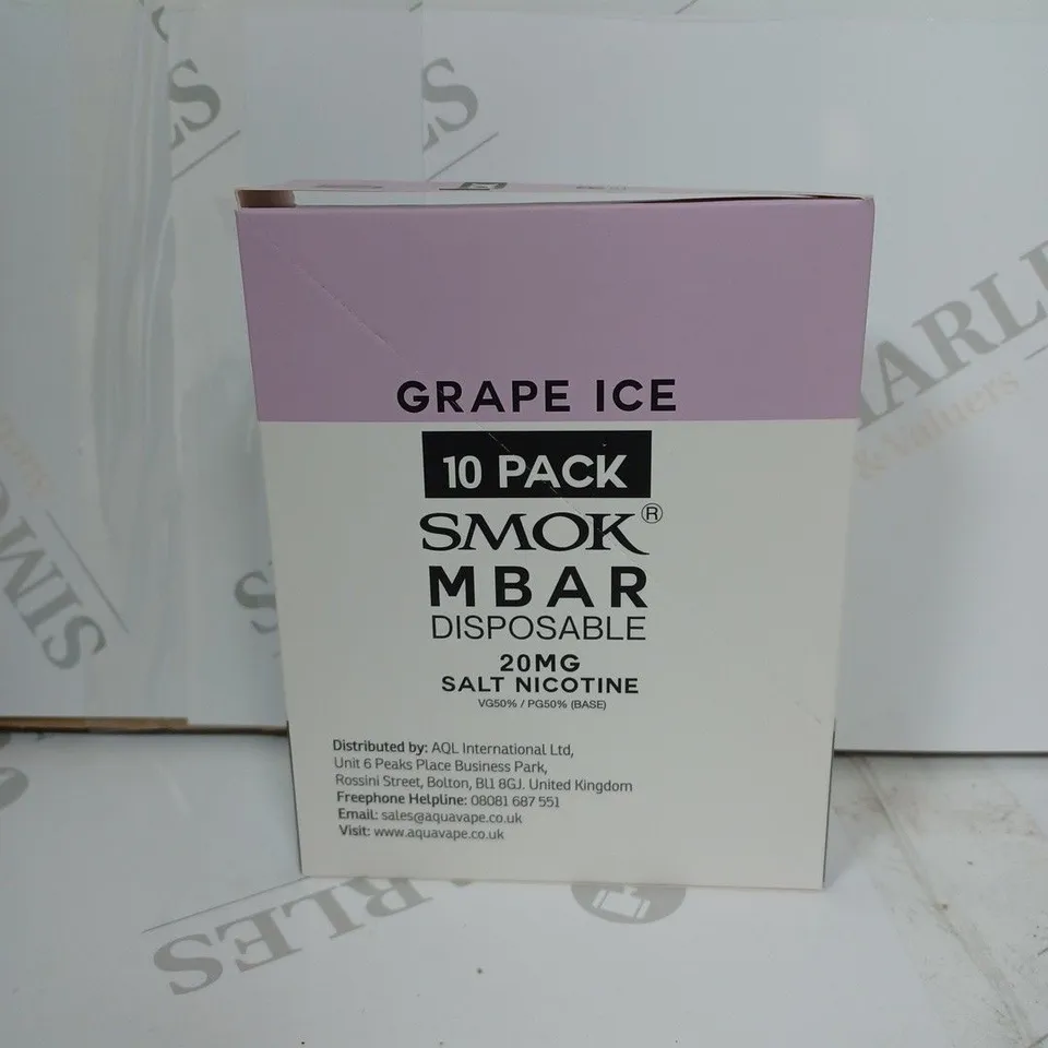 BOX OF APPROXIMATELY 10 BOXES OF GRAPE ICE 10 PACK SMOK M BAR DISPOSABLE 20MG SALT NICOTINE
