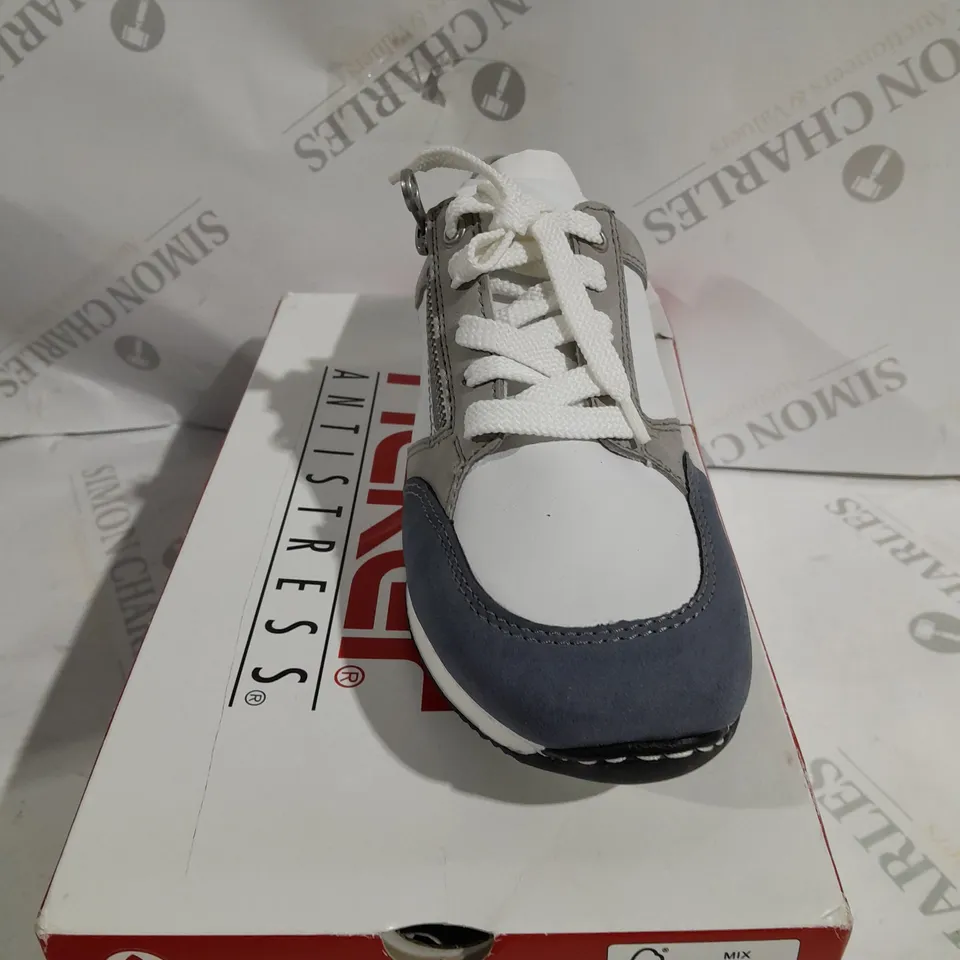 BOXED PAIR OF RIEKER SNEAKERS WITH REMOVABLE INSOLE COMBINATION BLUE UK SIZE 6.5