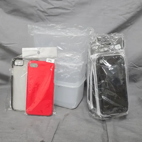 BOX TO INCLUDE LARGE ASSORTMENT OF CLEAR PLASTIC STORAGE CONTAINERS, AND PHONE CASES IN VARIOUS COLOURS - MAKES AND MODELS VARY - COLLECTION ONLY